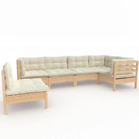 Vidaxl Loungegrupp Med Gräddvita Dynor 6 Delar Massiv Furu Creme