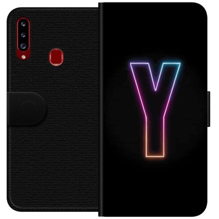 Kompatibel Tegnebogsetui til Samsung Samsung Galaxy A20s Minimalistisk neonbogstav Y i farveskiftende lys mod sort baggrund