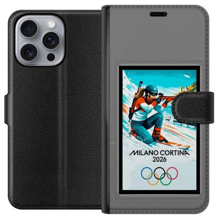 Kompatibelt Lommeboketui til Apple iPhone 16 Pro Max Retroplakat Cortina Milano 2026 med fjell, vintersportsutøvere, italienske trikolor, Milano-kated