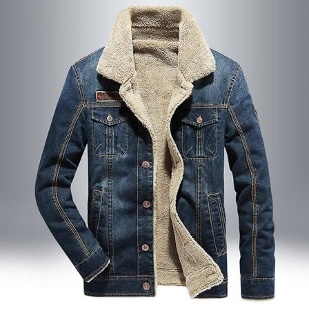 Män Vinter jeansjacka Slim Fit Fleece Casual Coat Lapel Tjock Varma ytterkläder Mörkblå L