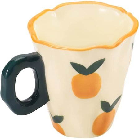 Keramisk kaffekrus, håndmalet frisk orange nyhedskop, 300 ml uregelmæssigt design til latte, te og mælk - tåler opvaskemaskine og mikrobølgeovn