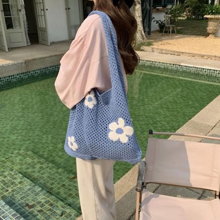 Ins Fashion Sweet Flower Knitted Hollow Tote Bag Large Capacity Shopping Bag Ladies Simple Retro Shoulder Bag Handbag for Women