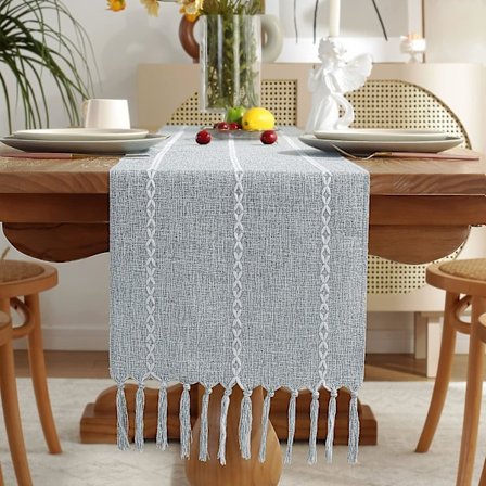 Bomullslin duk løper, landlig stil, 180 cm med håndlagde frynser for fest, spisestue dekorasjon, dessertbord dekor (180 cm) blå