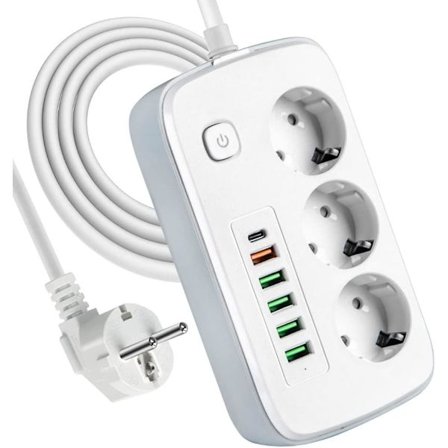 Grenuttag med USB, 3-vägsuttag med 5 USB-portar och 1 USB-C för skrivbord med strömbrytare, 2 meter förlängningssladd, adapter-FX-