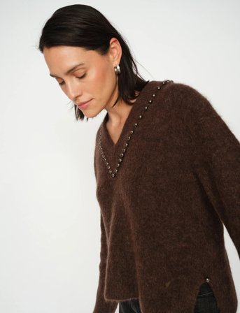 MOS MOSH Mmzora V-Neck Bead Knit - Brown - M