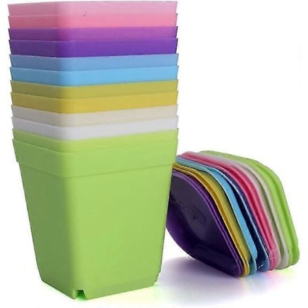 Farverige plastik urtepotter med underskåle til små planter, sæt med 12