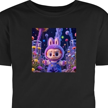 Børne T-shirt Labubu figur - Lilla kaninkostume blandt blomster i en fantasiverden