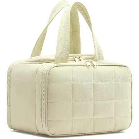Toilettaske, Puffet Bred Åben Quiltet Makeup Taske til Kvinder, Let Kosmetisk Rejsetaske Organizer med Håndtag til Rejser, Tilbehør, Es