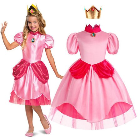 Super Mario Peach Cosplay-klänning för flickor 3-10 år, Prinsessklänning med krona, Halloweenfestkläder, Present