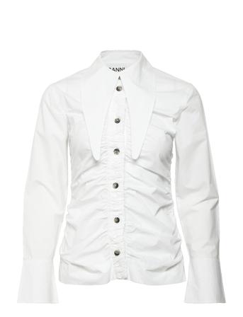 Cotton Poplin Long Collar Gathered Shirt Pitkähihainen Paita Valkoinen Ganni
