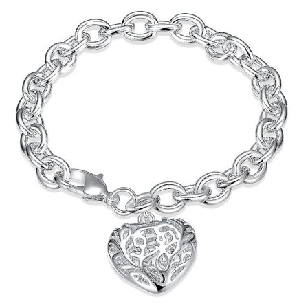 Smycken 925 Sterling Silver Hollow Stereo Hjärtkort Kedjebracelet
