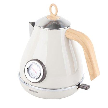 1,7 litran retrotyylinen puukuvioinen sähkökeitin, jossa kuivakeittosuoja ja lämpötilanäyttö