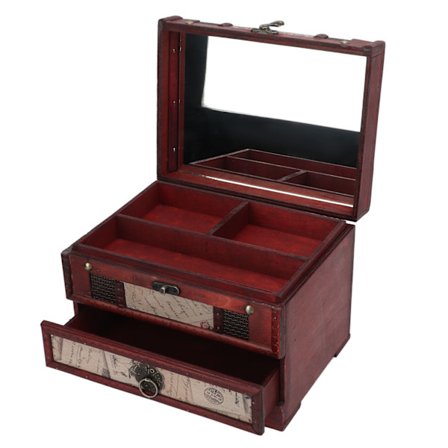 Stort Smyckeskrin Flera Lager Tåligt Trä PU Läder Vintage Design för Smycken Kort