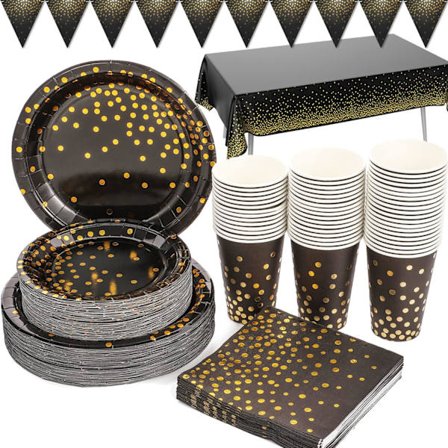Black and Gold Party Supplies 66 Pieces Party Tableware Set Includes Paper Plates, Napkins, Cups, Tablecloth, Banner, for Birthday, Party