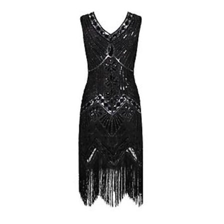s-2xl Dame Kostyme Retro 1920-talls Stil Flapper Kjole Paljett, Rund Hals, Cocktailkjoler (M Svart)