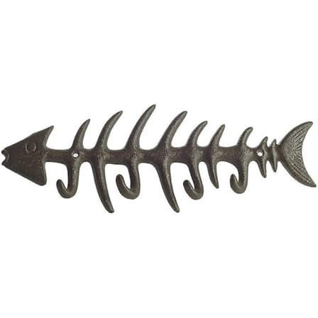 Snygg gjutjärnsklädhängare fiskbensmönstrad dekorativ väggmonterad handdukshängare med 4 'fisk' krokar - Inkluderar skruvar och ankare - Brun