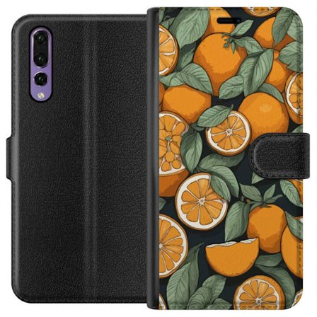 Kompatibel Tegnebogsetui til Huawei P20 Pro Illustreret citrusmønster med appelsiner og grønne blade på mørk baggrund i dekorativ stil