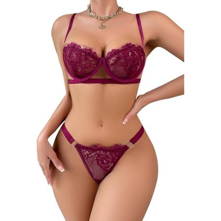 EXY Damunderkläder Sexig Tvådelad BH och Trosset med Bygel Push Up Spetsbroderade Underkläder Babydoll Claret Medium