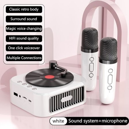 Hvid + 2 Mikrofoner - Nyt Design Bærbar Mini CD-afspiller Klassisk Retro Trådløs BT Stereo Højttalere Tung Bas FM USB Flash Drive TF Håndfri