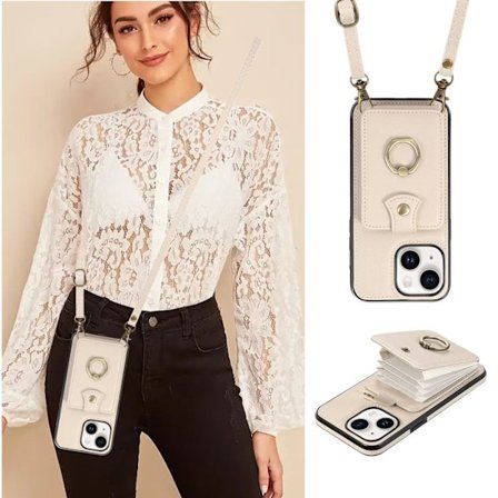 Etui til iPhone 16 beige crossbody harmonika ring kortholder multi kort fuld dækning stativ