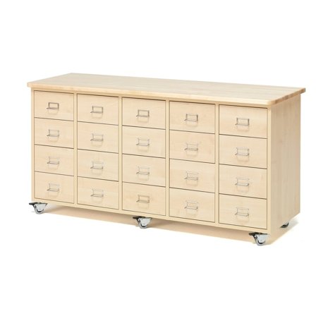 Mobile merchant chest, 20 drawers, handle with label holder, birch