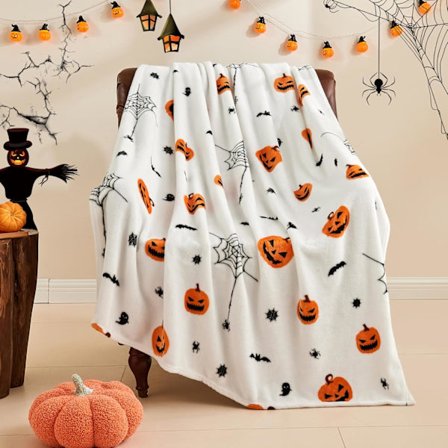 Blød og hyggelig Halloween-tæppe, Spooky Pumpkin Bat Spider Webs Print Hvidt tæppe til sofa seng Hjemmeindretning Gaver 50"x60"