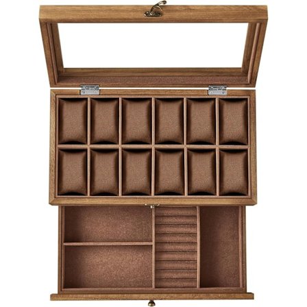 Kellolaatikko 12 lokerolla, 2-kerroksinen puukotelo, lasikansi, korurasia, rustiikkinen pähkinäpuu