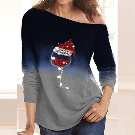 Kvinnor Wine Cup Print Off Shoulder T-shirt Jul Tunika Blus