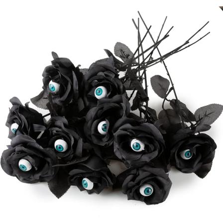 10-pakning svarte kunstige silkeblomster med øyeepler Falske silke rosebuketter til bryllupsfest Hjemmedekorasjoner Halloween-dekorasjon