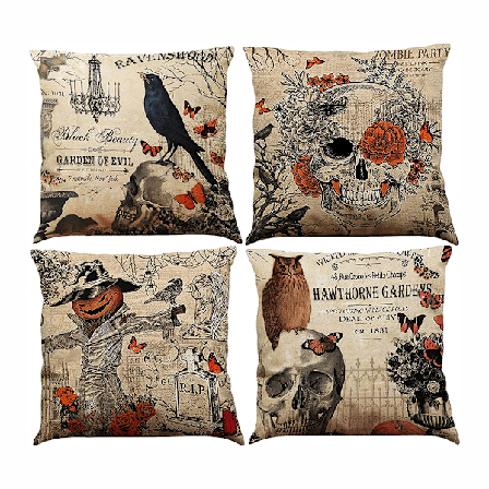Pakke med 4 Halloween pudebetræk, fugleskræm kranie græskar pude bomuld linned Halloween dekoration skræmmende pudebetræk 45 x 45 cm