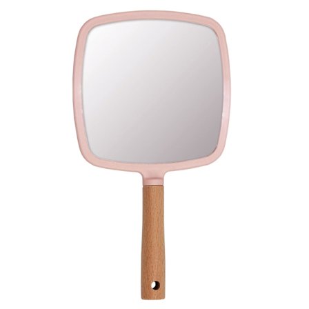 Makeup håndspejl, lille træ håndspejl, bærbart rejseforfængelighedsspejl til mænd og kvinder (Pink Square)