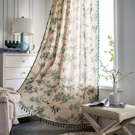 Leaves Print Finished Kitchen Curtain with Tassels Translucent Cotton Linen Room Window Curtain ԧ ڧߧߧ cortina cocina