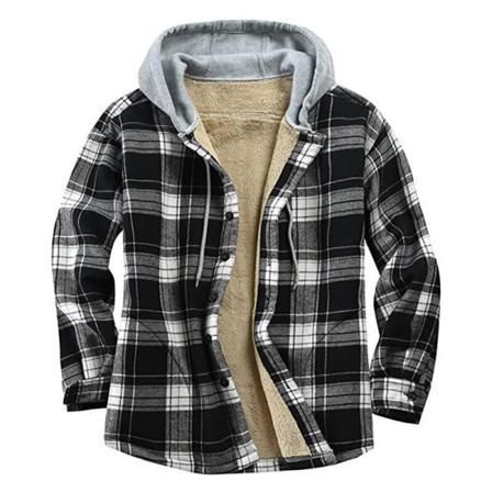 Män Rutig Långärmad Sherpa Hoodie Button Up Tjock Skjorta Jacka