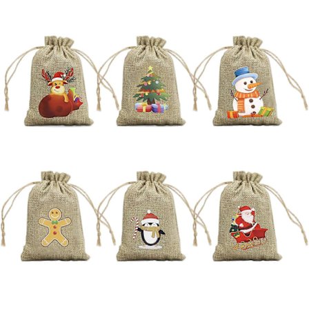 Jule Jute Sækkelærred Gaveposer, 12 stk. Jule Gaveposer med Snøre Små Slikposer Sækkelærredssæk Slikkager Godteposer (Multifarvet)