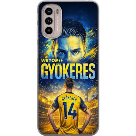 Kompatibelt Mobildeksel til Motorola Motorola Moto G41 Viktor Gyökeres fotballplakat i gult og blått med dramatisk stadionbakgrunn, sportillustrasjo