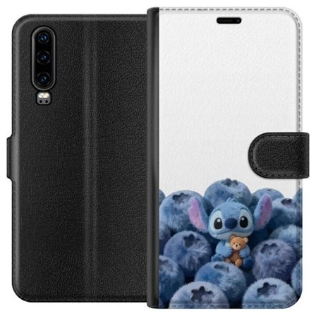 Kompatibel Tegnebogsetui til Huawei Huawei P30 Sød blå karakter blandt blåbær med bamse i blød og legende illustration