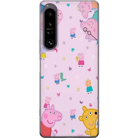 Kompatibelt Mobildeksel til Sony Xperia 1 IV Peppa Gris med en baby i armene, mamma gris motiv i fargerik og myk barneillustrasjon med hjerter
