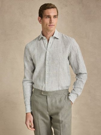 John Henric Men's Grünes Leinenhemd Slim Fit Size 37