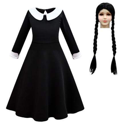 2023 New Cosdaddy Wednesday Addams Family Cosplay kostymklänning Barn Barn Flickor Svart klänning Peruk Halloween kostym dress-wig 160