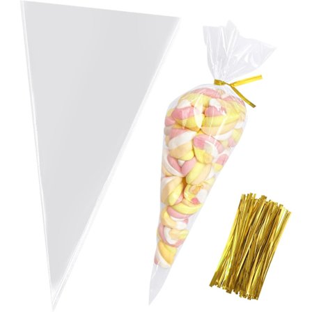 Kjegleformede godteriposer, 16*30*100 gjennomsiktige kjegleformede cellofan godteriposer,