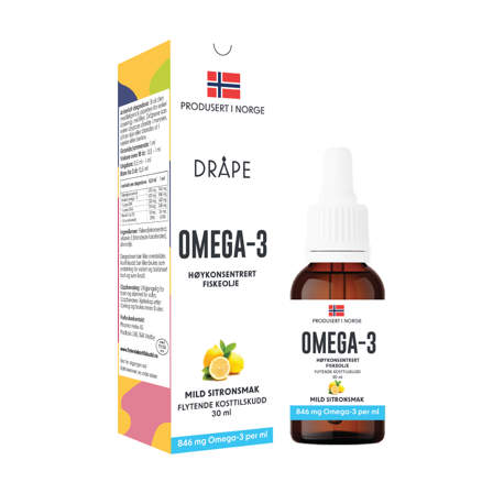 Dråpe Omega-3 høykonsentrert fiskeolje, Sitronsmak, 30 ml