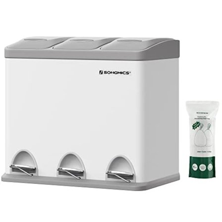 Songmics Pedalspand, 3 x 8L affaldssortering, 3-fags metalaffaldsspand, stål, hvid og grå