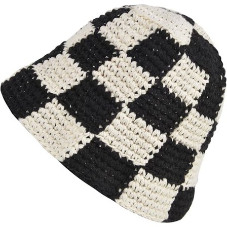 Blomster/Rutete Heklet Bøttehatt for Kvinner Håndlaget Cloche Strikket Fiskehatt Strikke Beanie Hatt Solhatt