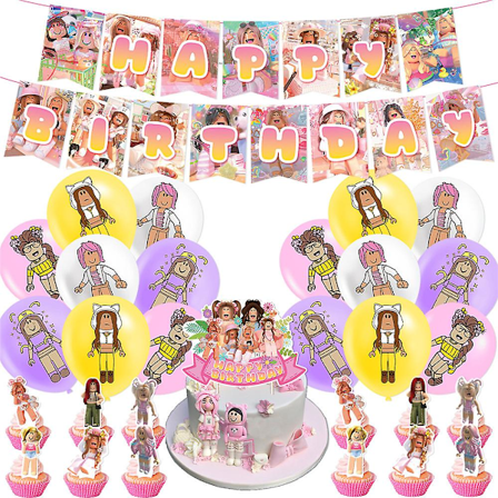 Rosa Roblox Gaming Dame Jenter Bursdagsfest Dekor Ballong Banner Kake Toppers Sett Festutstyr Kits Festfavoritt