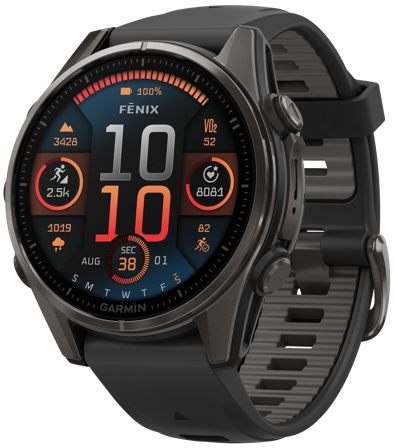 Garmin Fenix 8 43mm AMOLED Sapphire Carbon Gray DLC Titanium with Black Pebble Gray Silicone