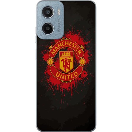 Kompatibelt Mobildeksel til Motorola Motorola Moto E15 Manchester United logo i rød og gul farge med røff sportslig bakgrunn