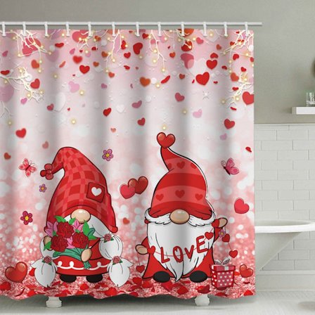 Rosa tecknad Alla hjärtans dag duschdraperi, pastellfärger, vattentätt polyestertyg, med 14 krokar, lämpligt för badrumsbruk