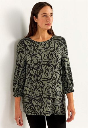Cellbes of Sweden - Trikåtunika med smockdetalj - khakigrön / mönstrad - för damer - 38/40