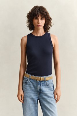 GANT - Ribbestrikket tanktop med høy halslinning til dame evening blue