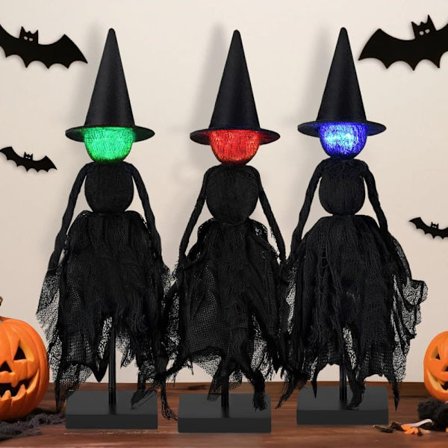 Halloween Indendørsdekoration – 3-pak Primitive Hekse med Hatte, Uhyggelige Figurer med 3 Farvers LED til Bord, Hylde & Bord